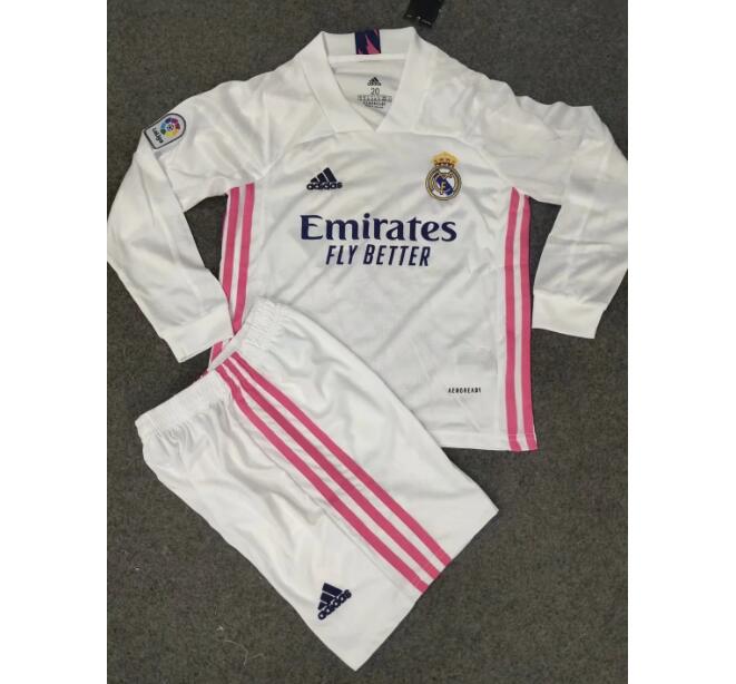 Real Madrid Kids Long Sleeve Home Soccer Kits Shirt With Shorts 2020/21